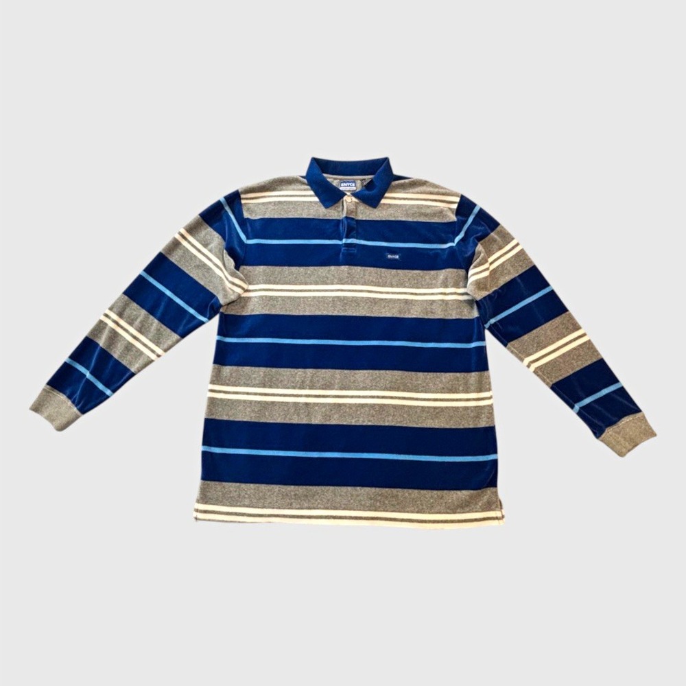 Enyce Men's XL Striped Velour Long Sleeve Polo Y2K Streetwear Blue Gray White